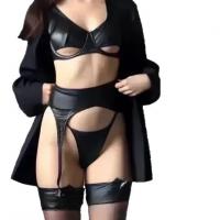 Seductive Leather-Look Lingerie Set - Sexy Hollow-Out Push-Up 3-Piece European and American Style Outfit thumbnail