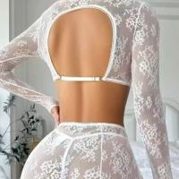 Sexy Lace Lingerie Set for Women – Sheer Backless Push-Up Role Play Outfit, 3-Piece Costume Ensemble thumbnail