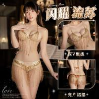 Shimmering Tassel Sheer Dancer Costume - Sexy Open-Crotch See-Through Lingerie Set with Thong & G-String