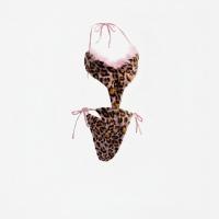 Pure & Playful Pink Leopard Bodysuit - Sexy Lace-Up Corset Jumpsuit with Fuzzy Trim for Women thumbnail