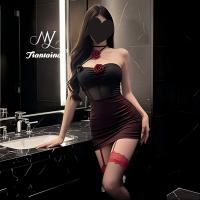 Dark Romance Lace Mesh Cheongsam Set - Sheer Rose-Embellished Halter Corset & High-Waisted Thong Bodysuit thumbnail