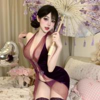 Seductive Purple Cheongsam Lingerie Set - Pure-Yet-Tempting Sleepwear with Open Back & No-Remove Design thumbnail