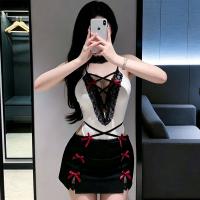 Seductive Cross-Strap Deep V Secretary Cosplay Outfit - No-Remove Cheeky Uniform Set with Tied Detail thumbnail