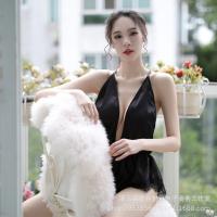 Sexy Backless Lace Bodysuit for Women - Deep V-Neck Plus Size Sleepwear Set, Seductive Matching Nightwear thumbnail