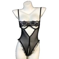 Plus Size Lace Bodysuit for Small Bust - Wire-Free Push-Up Open-Crotch Sleepwear Robe, Sexy Bedroom Lingerie thumbnail