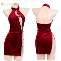 Chinese Vintage Velvet Cheongsam Dress with High Slit & Mandarin Collar - Sensual Y2K-Inspired Lingerie Set for Women thumbnail