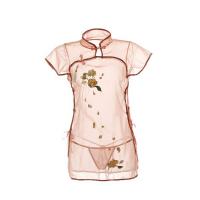 Mannye Qing Vintage Lace Cheongsam Lingerie - Sexy Sheer Retro Embroidered High-Neck Split Bodysuit with Ties thumbnail