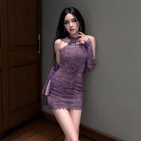 Qing Ran Sensual Off-Shoulder Cheongsam - New Chinese Style Lace Bodycon Purple Wrap Dress with Frog Buttons thumbnail