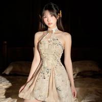 Qingran Chinese-Style Lingerie Dress - High-Slit Cheongsam with Embroidered Floral Print & Traditional Knotted Buttons thumbnail
