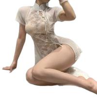 Cherry Blossom Lingerie Set - Sexy Lace Bare-Butt Qipao Sleepwear, Sheer Vintage-Inspired Bedroom Outfit thumbnail