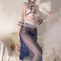 Vintage Chinese Lace Cheongsam Lingerie Set - Sheer Mesh Retro Hanfu-Inspired Erotic Costume for Women