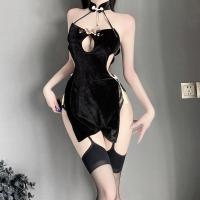 Sensual Plum Blossom Embroidered High-Slit Backless Cheongsam Set - Sexy Maid Costume Lingerie thumbnail