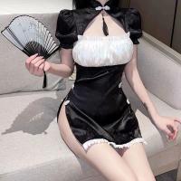 Suoqing Vintage Sexy Lingerie Set - Retro Qipao with High Slit & Puff Sleeves, No-Remove Design thumbnail