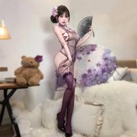 Purple Sensual Lingerie Set - Modest-Chic Split Qipao with Sheer Mesh & Ties, No-Remove Design thumbnail