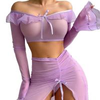 European Fashion Sheer Mesh Lotus Off-Shoulder Long Sleeve Split Bodycon Lingerie Set thumbnail