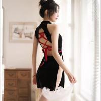 Velvet Vintage Chinese Qipao Lingerie for Women – Back-Tie Corset with Sheer Cut-Outs & Sensual Uniform Style thumbnail