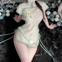 Vintage Temptation Cheongsam Lingerie - Sheer Retro High-Slit Transparent Embroidered Dress with Mandarin Collar thumbnail