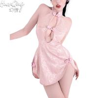Vintage Lace Cheongsam Lingerie Set - Sheer Seductive Side-Slit Backless Erotic Outfit for Women thumbnail