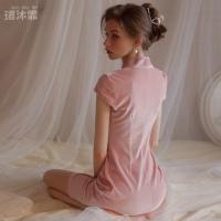 Sexy Lace-Trimmed Split-Hem Cheongsam Sleep Dress - Elegant Cut-Out Nightgown Set with Floral Jacquard Detail thumbnail