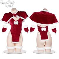 Christmas Split-Strap Lingerie Set - Sheer Lace Bodysuit with Bow & Capelet for Seductive Holiday Style thumbnail