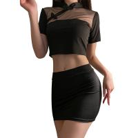 Sexy Sheer Cheongsam Lingerie Set - Seductive Mesh Bodycon Mini Skirt & Matching Top for Bedroom Play thumbnail