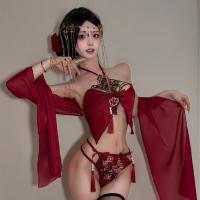 Classical Chinese Doudou Lingerie Set - Embroidered Lace Bodice with Tassels & Sheer Mesh Wrap