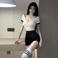 Suoqing Sexy Low-Cut Navy Collar Sheer Bodysuit & Pencil Skirt Set - Provocative Office-Inspired Outfit thumbnail