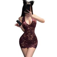 Mannyan Purple Lace Sleep Dress - Sexy Off-Shoulder Low-Cut Bodycon Nightgown for Women thumbnail