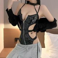 Seductive Leather Bondage Bodysuit for Women – PVC Catwoman-Style Outfit with Adjustable Tether Rope thumbnail