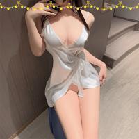 Seductive Lace Sleep Dress - Sexy Silk-Blend Deep V-Neck Nightgown with Sheer Cutouts & Adjustable Ties thumbnail