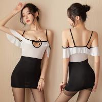 Silk-Look Lace Sheer Secretary Outfit - Seductive Hollow-Out Sleep Dress with Ruffled Hem & Teasing Cutouts thumbnail