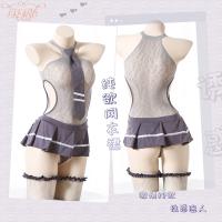 Sexy College Girl Lingerie Set - JK Uniform Outfit with Sheer Mesh Bodysuit & Thigh-High Stockings thumbnail