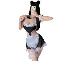 Lace Role Play Costume Set - Sexy Maid Outfit with Sheer Mesh & Hollow Detail, Cosplay Uniform for Women thumbnail