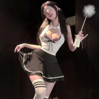 Lace JK Style Sensual Lingerie Set with Bow Detail - Busty Sheer Peek-a-Boo Maid Outfit thumbnail