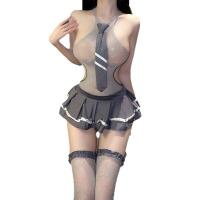 Sexy Japanese Schoolgirl Costume - Lace-Trimmed JK Uniform Bodysuit with Sheer Panels & Pleated Skirt thumbnail