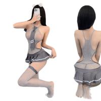Sexy Lingerie Set for Women - Transparent Mesh Bodysuit, JK Uniform Style with Tie & Pleated Skirt thumbnail