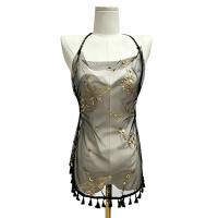 Chinese-Style Gold-Foil Crane Sleep Dress - Sexy Backless Sheer Lace Babydoll with Tassel Straps & Embroidered Crane Mot thumbnail