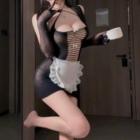 Purple Lace Maid Costume Set - Sheer Mesh Busty Provocative Lingerie Outfit with Ripped Butt Design thumbnail