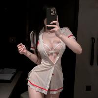 Sensual Nurse Costume for Women – Minimalist Aesthetic Role Play Lingerie Set with Lace Trim & High Slit thumbnail