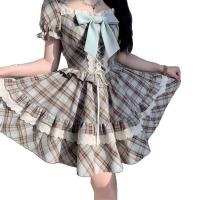 French Retro Square-Neck Puff Sleeve Dress - Sweet Summer Plaid Princess Dress with Bow Detail thumbnail