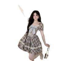 Hazelnut Latte Plaid Wrap Waist Dress with Bow - Summer Slim-Fit Short Dress for Petite Women thumbnail
