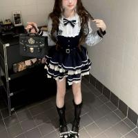 Sweet Lace Doll Collar Bow Dress for Women – American Preppy Style Spring Fall A-Line Waist-Cinching Mini Dress thumbnail