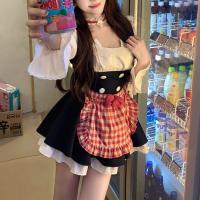 Sweet Maid Outfit for Women - Spring Autumn Plaid Apron Dress Two-Piece Set with Bow & Waist-Cinching Petticoat thumbnail