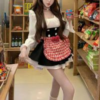 Sweet Maid Outfit for Women - Spring Autumn Plaid Apron Dress Two-Piece Set with Bow & Waist-Cinching Petticoat thumbnail