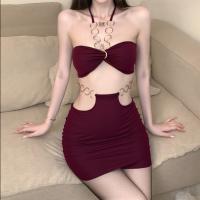 New Women's Sexy Lace Bralette with Metal Rings - Backless Halter Crop Top & Ultra-Slim Pencil Skirt Set thumbnail