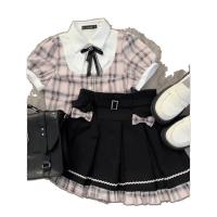 Girls Summer Short Sleeve Shirt & Pleated Skirt Set - Preppy School Style Outfit for Toddlers & Kids thumbnail