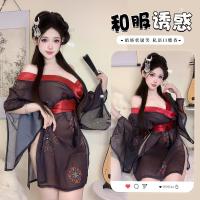 Japanese-Inspired Sexy Kimono Lingerie Set - Pure & Tempting No-Remove Sleepwear in Black Floral Print thumbnail