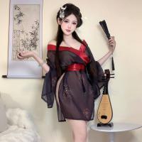 Japanese-Inspired Sexy Kimono Lingerie Set - Pure & Tempting No-Remove Sleepwear in Black Floral Print thumbnail