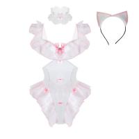 Pink Catgirl Lingerie Set - Sheer Lace Bodysuit with Open-Crotch Design & Playful Kitten Motif thumbnail