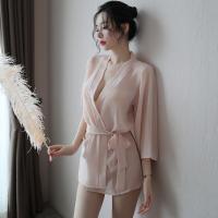 Women's Sexy Sheer Lace Sleepwear Set – Transparent Satin Sleep Robe & Matching Nightgown with Boyfriend Shirt Style thumbnail